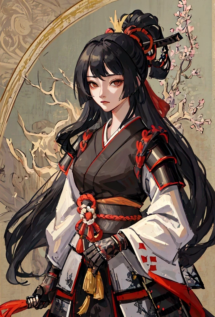 a picture of Japanese female samurai, she has long black hair, wearing samurai armor, armed with a katana, ready for battle, dynamic angle,, Japanese fantasy art, (Masterpiece: 1.5), 16k, highres, best quality, high details, ultra detailed, masterpiece, best quality, (extremely detailed), arafed, dnd art, JapaneseKatana, wtrcolor style