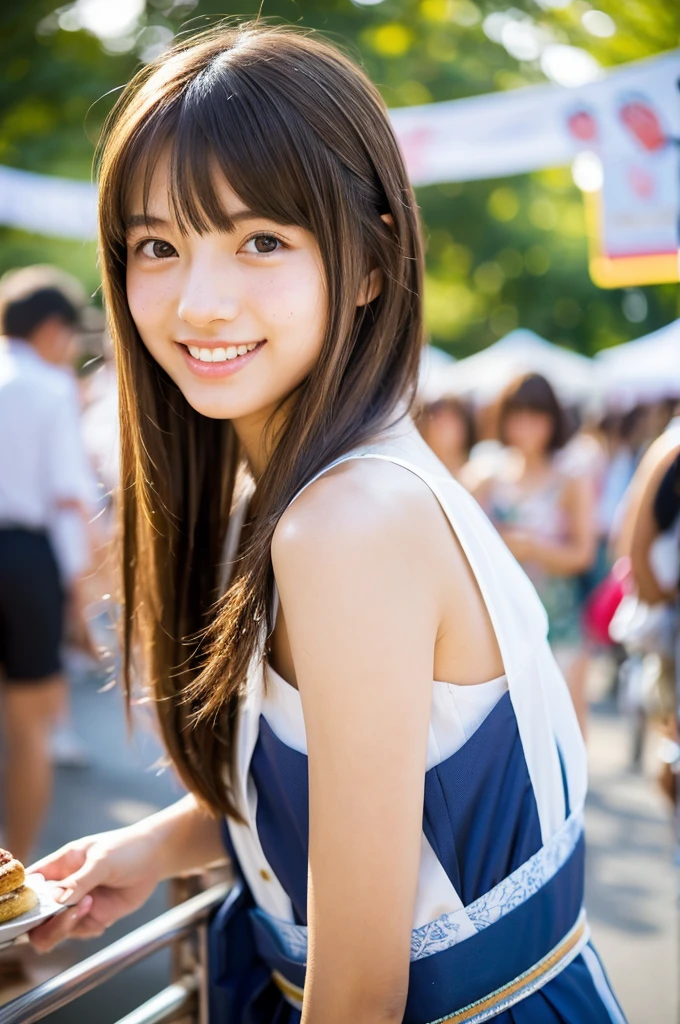 Yukata, traditional Japanese summer kimono, summer festival night stall, first year high school student, ((full body)), ((photo)), ((best qualtiy, 8K, tmasterpiece:1.3)), Focus:1.2, perfect figure beautiful girl:1.4, 1girl, cowboy shot, look at viewer, incredibly absurd, beautiful and cute girl with a photorealistic face, showcasing top-quality craftsmanship, A Japanese girl walking around looking at the food stalls at a summer festival on a night, 15 years old, straight hair that reaches about 10cm below her shoulders, light brown hair color, shiny hair, bangs cut straight above her eyes, hair tucked behind her ears, soft round face, large almond-shaped eyes, light brown eye color, long eyelashes, thin and neat eyebrows, small nose with a straight bridge, cherry-colored lips, bright smile, white teeth, smooth skin, fair skin, light pigmentation, freckles, average height, lithe figure, well-balanced proportions, small A-cup breasts, white and pink pastel-colored yukata, bracelet with charms, diamond stud earrings, beautiful girl, pure, moe, cheerful, curious, friendly, polite, responsible, likes festivals and events, August