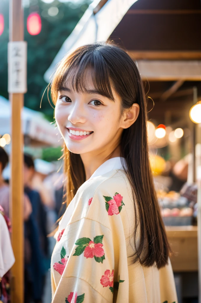 Japanese traditional kimono, flower pattern yukata, summer festival night stall, first year high school student, ((full body)), ((photo)), ((best qualtiy, 8K, tmasterpiece:1.3)), Focus:1.2, perfect figure beautiful girl:1.4, 1girl, cowboy shot, look at viewer, incredibly absurd, beautiful and cute girl with a photorealistic face, showcasing top-quality craftsmanship, A Japanese girl walking around looking at the food stalls at a summer festival on a night, , straight hair that reaches about 10cm below the shoulders, light brown hair color, shiny hair, bangs cut straight above the eyes, hair tucked behind the ears, soft round face, large almond-shaped eyes, light brown eye color, long eyelashes, thin and neat eyebrows, small nose with a straight bridge, cherry-colored lips, bright smile, white teeth, smooth skin, fair skin, light pigmentation, freckles, average height, supple body, well-balanced proportions, small A-cup breasts, beautiful girl, neat, moe, cheerful, curious, friendly, polite, responsible, likes festivals and events, August