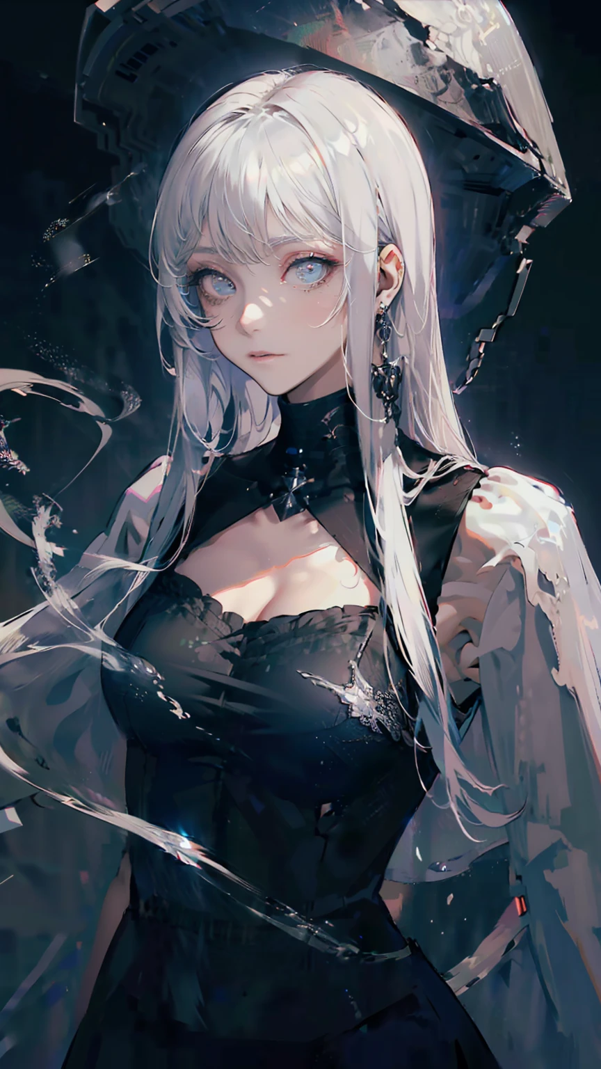 White Hair,Hairstyle is long straight,White eyelashes,White Eyes,Black clothes,19-year-old female,Wrapping smoke around the body,Dark atmosphere,Fantasy,Realistic depiction of clothing,Highest quality,Delicate depiction,haze,Grey World,Blank look,Broken Angel's Ring,wings from waist,One-Winged Angel