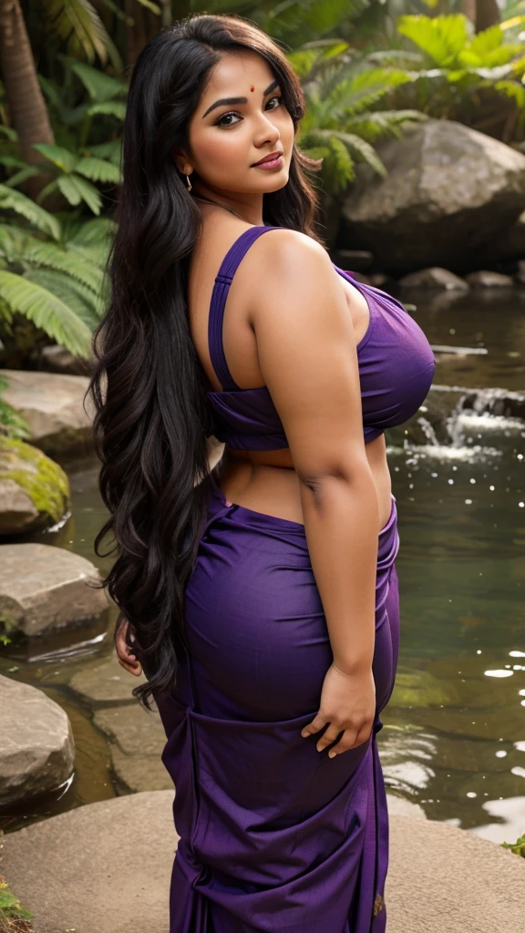 Indian bbw cute 35 years old marriage women lifelike, high - resolution bbw women with a perfect figure Super fine face and eyes, slong hair, small Tank top dark bluecolors, Wearing a traditional saree, bulky figure, huge big extra large and tits, full body ,looking front ,big butt, fair complexion, pond backgrounds. Big breast, Plus size, body back pose 4k, 8k,