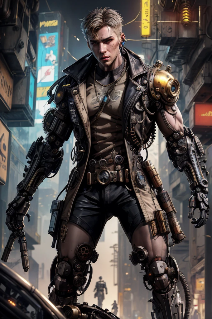 ((cyberpunk style)), Hi-Tech city, mechanical enhancement, (high-tech fantasy), robotics, blade runner 2049, ((steampunk style)), (mechanisms), fantasy, gear decoration, The mechanical beast and the young man,