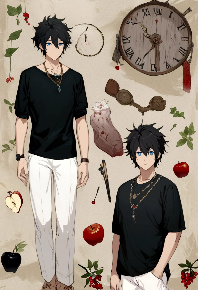 One boy, apple, bag, bangs, Berry, Black Hair, black shirt, blue eyes, Hair between the eyes, jewelry, leaf, View your viewers, Men&#39;s Center, necklace, pants, shirt, alone, clock, white pants, wristclock, Messy Hair, Trending on Art Station, 8K resolution, Very detailed, Anatomically correct, Clear images, Digital Painting, Concept Art, Topics on pixiv, Makoto Shinkai&#39;s Style,