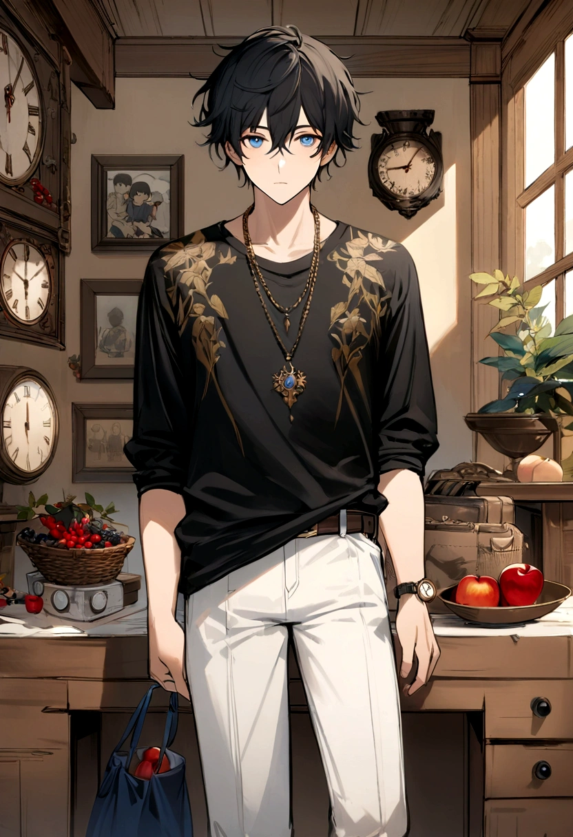 One boy, apple, bag, bangs, Berry, Black Hair, black shirt, blue eyes, Hair between the eyes, jewelry, leaf, View your viewers, Men&#39;s Center, necklace, pants, shirt, alone, clock, white pants, wristclock, Messy Hair, Trending on Art Station, 8K resolution, Very detailed, Anatomically correct, Clear images, Digital Painting, Concept Art, Topics on pixiv, Makoto Shinkai&#39;s Style,