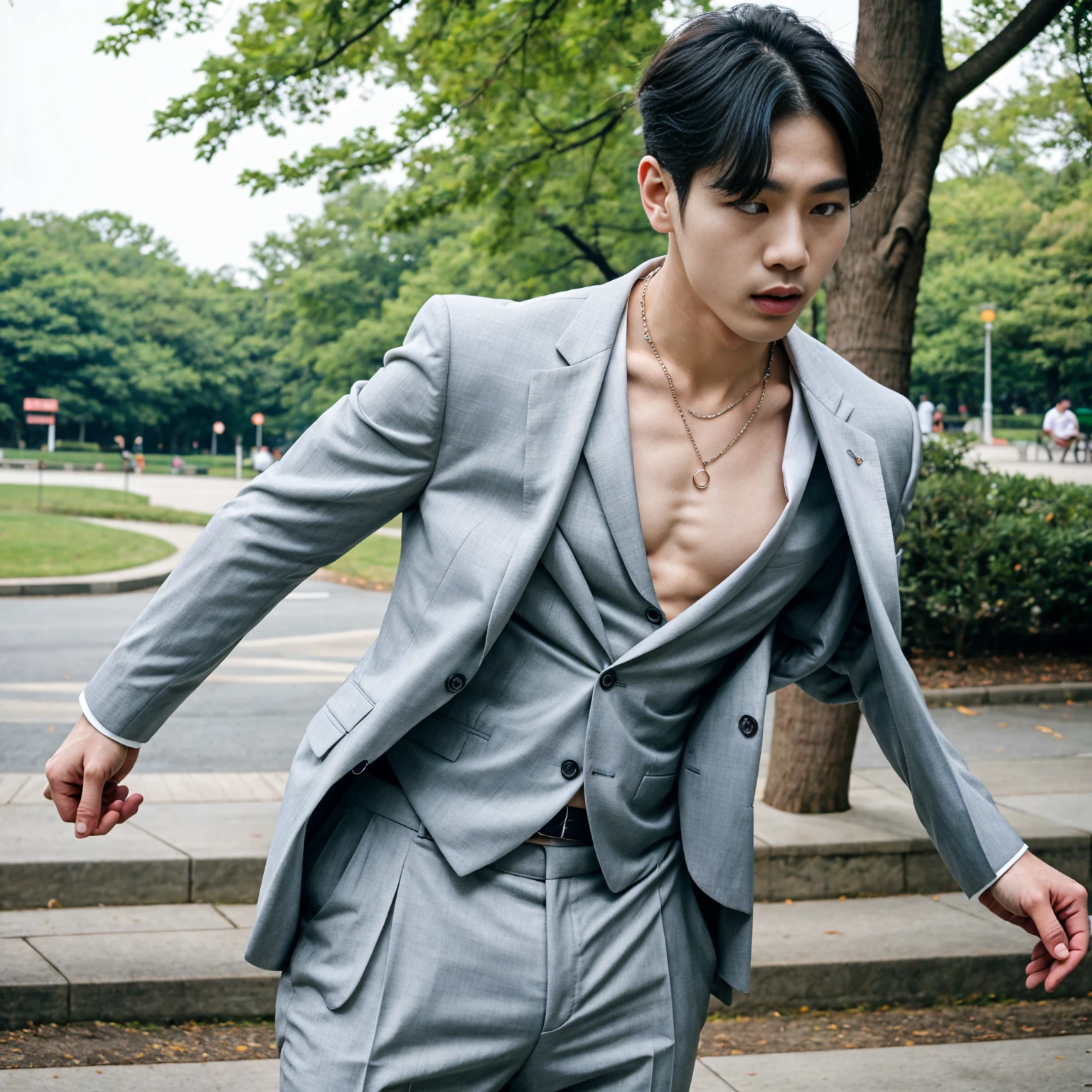Realistic photography of a korean sexy boy, 25 ages , wearing a sexy suit, thin necklace, at park,movement pose cool