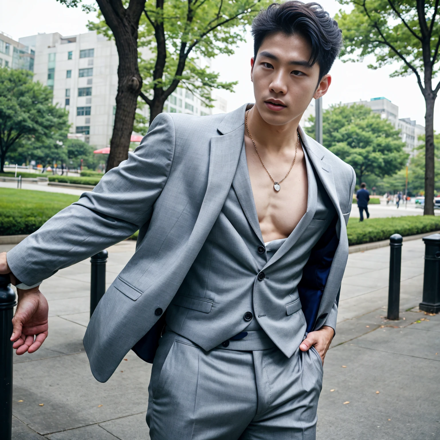 Realistic​ photography​ of a​​​​ korean sexy boy​, 25 ages​​​ , wearing​ a​ sexy suit, thin​ necklace​, at​ park,movement pose cool