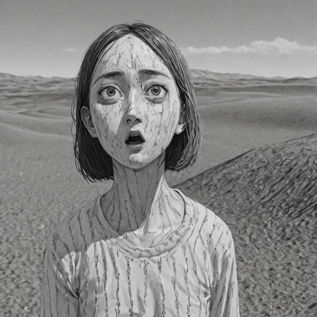 lost in the desert (anime), bizarre scenario, Junji Ito, Yusuke Murata, black and white, 8k, anime, horror