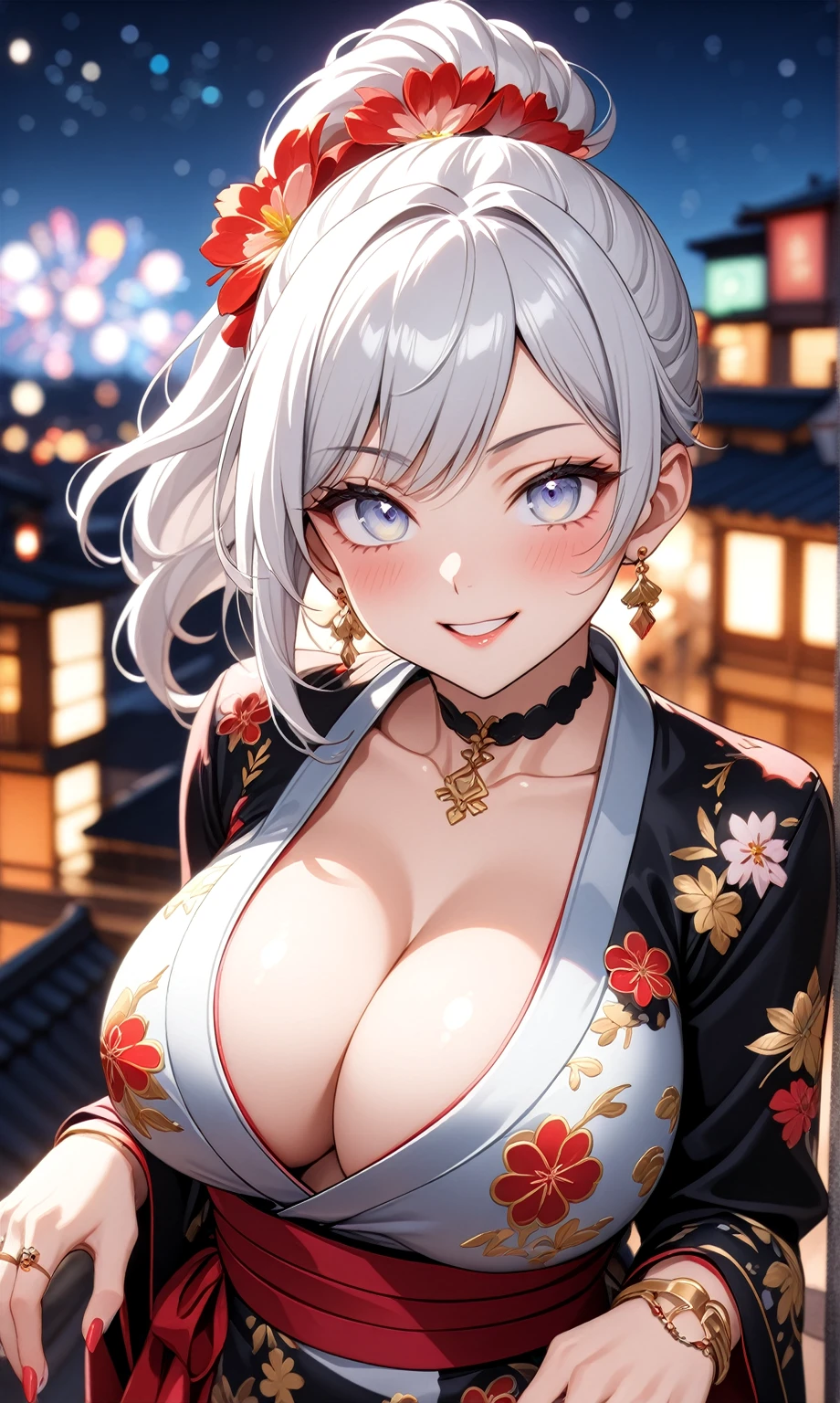((One personの女性)), Beautiful Face,Laughing shyly,((Wink:2.0)),Laugh with your mouth wide open((Bright red cheeks:1.4)),Glossy pink lips,night,rooftop,Festive decorations,You can see the ocean, firework,Laughing with your mouth open,Glossy pink lips,Lighting on the face,((Anime style background)),masterpiece, Highest quality, so beautiful,Latest, Complex details, (Pink long nails),(ring),(bracelet),(choker),AI-generated, Complex,High resolution, Highest quality, super high quality,3D Images、View your viewers、3D Images,One person,Long white hair,High Ponytail,(blue eyes),Anime woman posing for a photo, ((Fine grain、Silvery white colorful eyes、Shining Eyes:1.4)),(Squint your eyes:1.1),a hyperRealistic , hyperRealistic , Realistic,Anime woman with long and white hair, Smooth anime CG art, A woman in a colorful kimono with gold embroidery, (Black long sleeve kimono),Red floral pattern,Long flower hair ornament,Big earrings,Mature Body,(Big Breasts:1.1),Tall,Abdominal muscles,Narrow waist,(Zoom in on face:1.2),Shooting from an angle