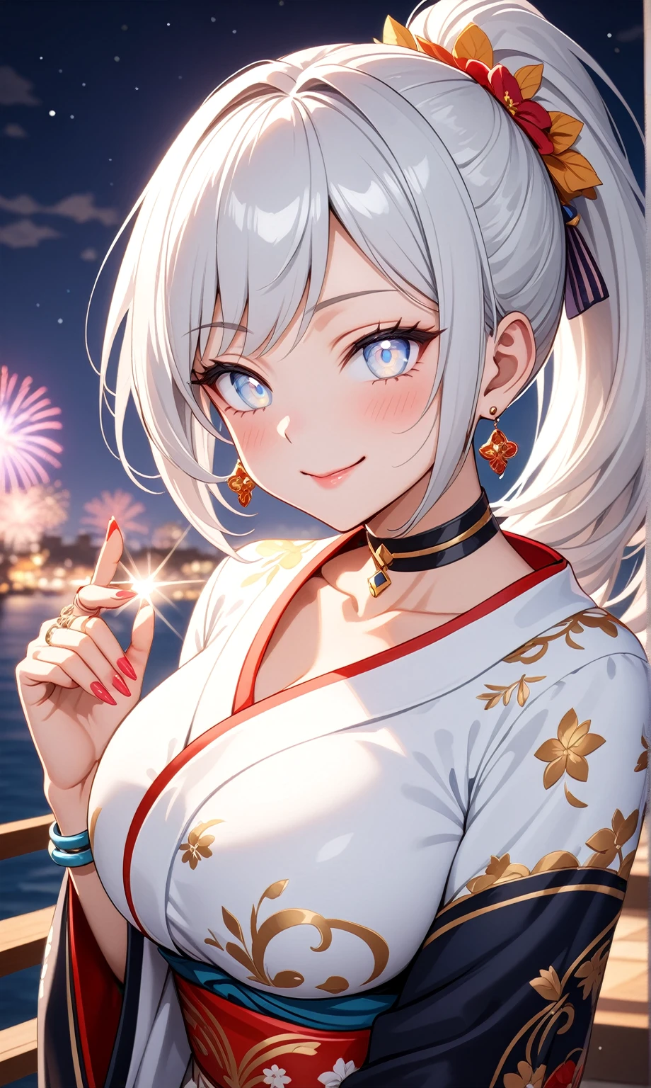 ((One personの女性)), Beautiful Face,Laughing shyly,((Wink:2.0)),Laugh with your mouth wide open((Bright red cheeks:1.4)),Glossy pink lips,night,rooftop,Festive decorations,You can see the ocean, firework,Laughing with your mouth open,Glossy pink lips,Lighting on the face,((Anime style background)),masterpiece, Highest quality, so beautiful,Latest, Complex details, (Pink long nails),(ring),(bracelet),(choker),AI-generated, Complex,High resolution, Highest quality, super high quality,3D Images、View your viewers、3D Images,One person,Long white hair,High Ponytail,(blue eyes),Anime woman posing for a photo, ((Fine grain、Silvery white colorful eyes、Shining Eyes:1.4)),(Squint your eyes:1.1),a hyperRealistic , hyperRealistic , Realistic,Anime woman with long and white hair, Smooth anime CG art, A woman in a colorful kimono with gold embroidery, (Black long sleeve kimono),Red floral pattern,Long flower hair ornament,Big earrings,Mature Body,(Big Breasts:1.1),Tall,Abdominal muscles,Narrow waist,(Zoom in on face:1.2),Shooting from an angle