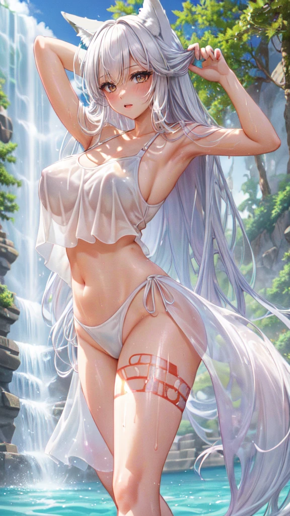 (masterpiece, highres, best quality, ultra detailed, detailed background, cinematic lighting:1.2), (beautiful detailed face, detailled eyes), 1girl, long hair, white silver hair, straight hair, bangs, swept bangs, medium breasts, perky breasts, toned, red eyes, white swimsuit, hand panty,hands down underwear, wet, wet hair, wet swimsuit, water drop, shiny skin, shiny lips, sexually suggestive, perfect body,fox ears,(( blush on)),lying on ,open air, perfect white tails,((fox tails)),(Right leg tattoo),view from face,view from bottom to top,wet skin,sweaty,((hot waterfall)), 18olds
