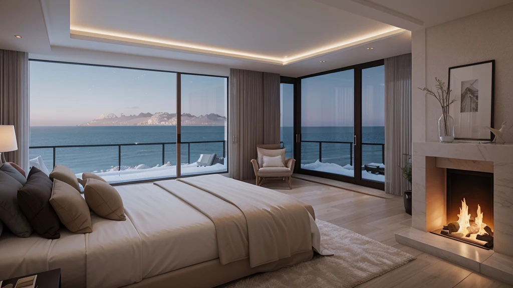 Bedroom view,Sea view, Digital rendering by Luis Miranda, cg Club Competition Winners, Concept Art, Luxurious environment, Warm ambient lighting, Luxury apartment interior, Night Rendering, Ambient lighting at night, Cozy living room, Warm lighting interior, Architectural Visualization, In the seaside environment, Stunning rendering, Fireplace lighting,Floor glass,Snow Scene