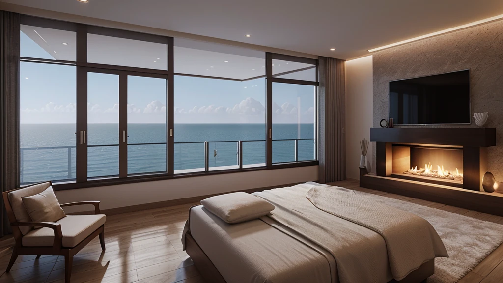 Bedroom view,Sea view, Digital rendering by Luis Miranda, cg Club Competition Winners, Concept Art, Luxurious environment, Warm ambient lighting, Luxury apartment interior, Night Rendering, Ambient lighting at night, Cozy living room, Warm lighting interior, Architectural Visualization, In the seaside environment, Stunning rendering, Fireplace lighting,Floor glass,Snow Scene