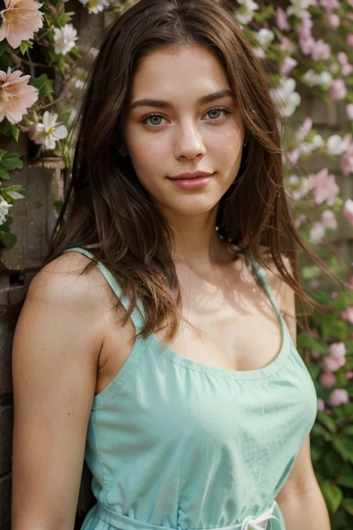 Create a portrait of a young girl in her 20s with sophisticated features. Her height is 175 centimeters, she is slim, with a weight of 63 kilograms. The girl has long, straight, Brown hair, big green eyes, neat nose and full lips. Hers is light, smooth skin. She is wearing a light summer dress in pastel colors., against the backdrop of a blooming garden with bright flowers. Her face expresses calm and happiness, and the look is full of confidence and friendliness. She looks athletic and active, but at the same time feminine and tender. #Realism #Photo