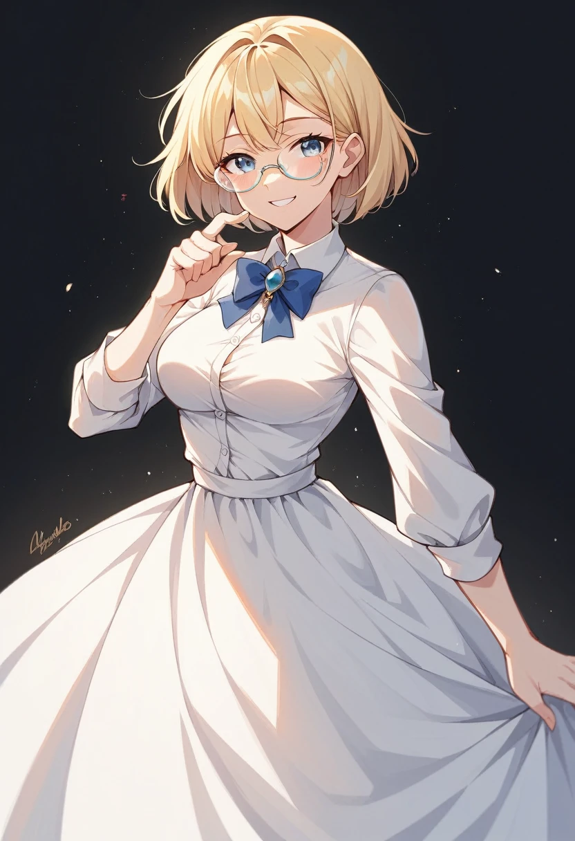 beautiful woman, beautiful face, solo, standing, medium bob cut blonde hair, light blue eyes, two points glasses, medium breasts, blue opened short jacket, white dress shirts, white pleats long skirt, soft smile, (pinch one's her glasses), temptation pose, black background, no background, pastel 2d art, matte painting, anime, masterpiece