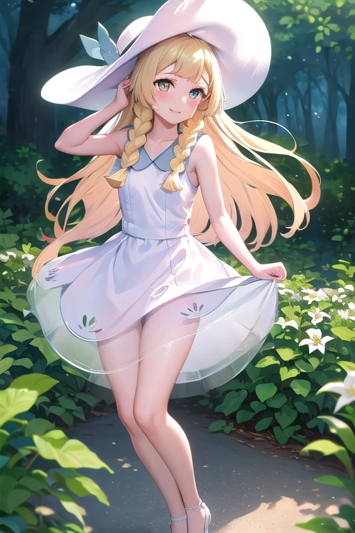 1 girl, masterpiece, top quality, lillie (pokemon), lillie, dress, green eyes, blonde hair, long hair, white dress, blush, white hat, big hat, looking at viewer, , braids, twin braids, blonde, Full body image, outdoors, nature, sky, cute, happy, nice smile, young, bright sunlight, lily flower, have flowers, white lily, (masterpiece:1.2), best quality, high resolution, unity 8k wallpaper, (illustration:0.8), (beautiful detailed eyes:1.6), extremely detailed face, perfect lighting, extremely detailed CG, (perfect hands, perfect anatomy),