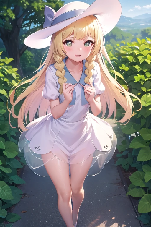 1 girl, masterpiece, top quality, lillie (pokemon), lillie, dress, green eyes, blonde hair, long hair, white dress, blush, white hat, big hat, looking at viewer, 10 years old, braids, twin braids, blonde, Full body image, outdoors, nature, sky, cute, happy, nice smile, young, bright sunlight, lily flower, have flowers, white lily, (masterpiece:1.2), best quality, high resolution, unity 8k wallpaper, (illustration:0.8), (beautiful detailed eyes:1.6), extremely detailed face, perfect lighting, extremely detailed CG, (perfect hands, perfect anatomy),