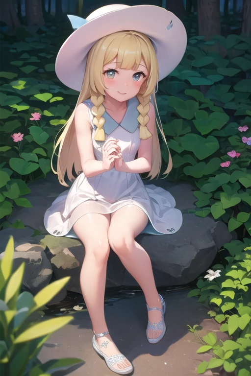 1 girl, masterpiece, top quality, lillie (pokemon), lillie, dress, green eyes, blonde hair, long hair, white dress, blush, white hat, big hat, looking at viewer, 10 years old, braids, twin braids, blonde, Full body image, outdoors, nature, sky, cute, happy, nice smile, young, bright sunlight, lily flower, have flowers, white lily, (masterpiece:1.2), best quality, high resolution, unity 8k wallpaper, (illustration:0.8), (beautiful detailed eyes:1.6), extremely detailed face, perfect lighting, extremely detailed CG, (perfect hands, perfect anatomy),