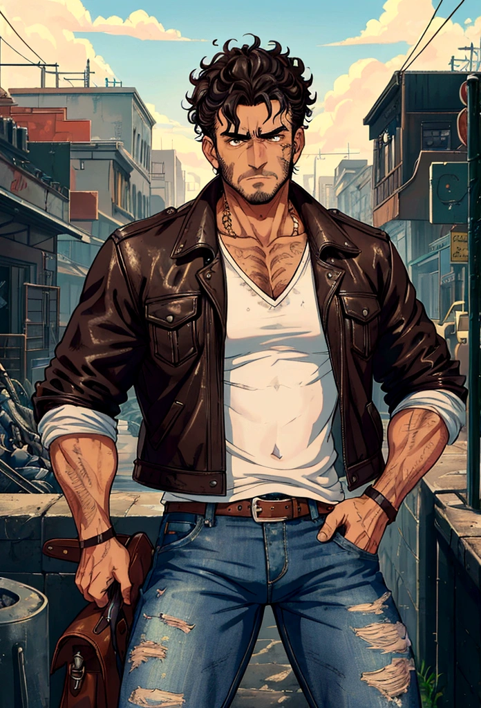 ((Best quality)), ((Masterpiece)), (Detailed): Snail Galford, age 30, short curly black hair, intense brown eyes, muscular and rugged build, wearing a weathered leather jacket and jeans, determined yet wary expression, with a scar running across his cheek, carrying a worn satchel and a rugged shotgun, background of a post-apocalyptic cityscape, poised and vigilant stance. negro