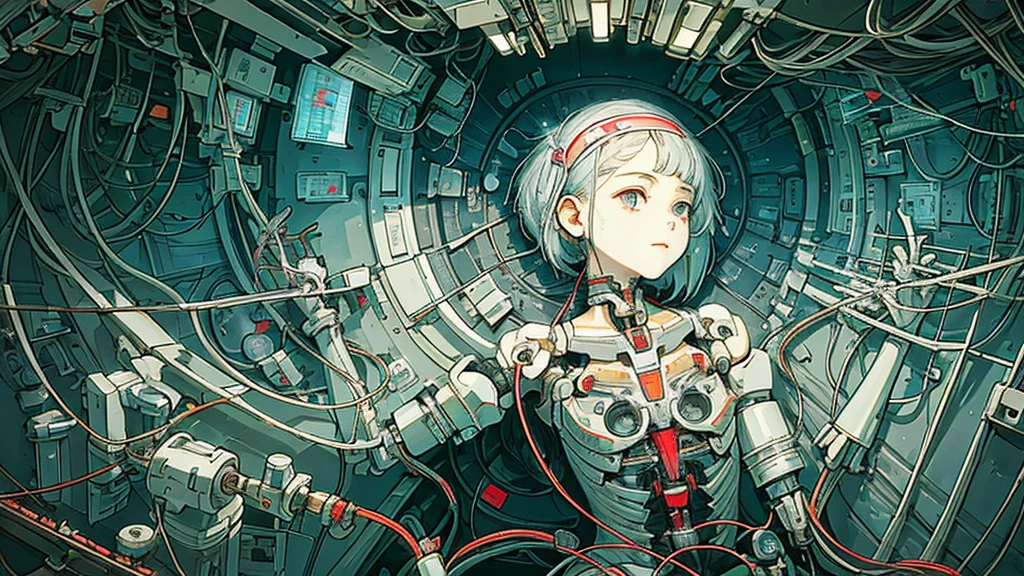 (((masterpiece))), (((Highest quality))), ((Very detailed)), (Highly detailed CG illustrations), ((Very delicate and beautiful)),(Cute and delicate face),Light,((1. Machine Girl)),alone,whole body,(Machine made joints:1.4),((Mechanical Limbs)),(Muscles bulge),(Blood vessels are connected to tubes),(Brain in a container:1.3),((Mechanical vertebrae attached to the back)),((Mechanical cervical vertebrae attached to the neck)),((Sitting)),poker face,(Wires and cables attached to head and body:1.5),Small breasts,short hair,(Character Focus),SF,Lying down,Shortcuts,Forehead out,A devastated society,alone,Wearing a headband