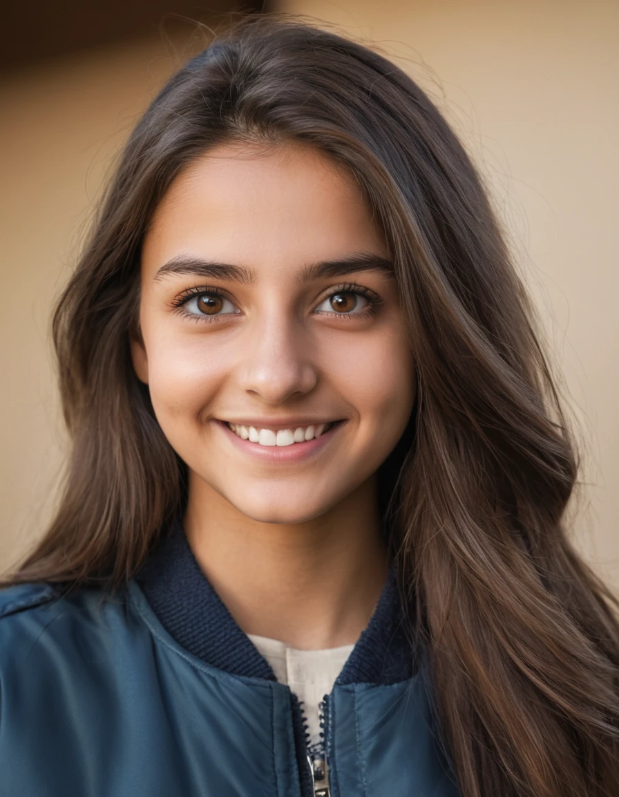 one cute women, 20YO, white, Arab, cute face, realistic brown eyes, blue jacket, brown hair, cute smile, skinny face, white realistic teethes, big eyes, long hair