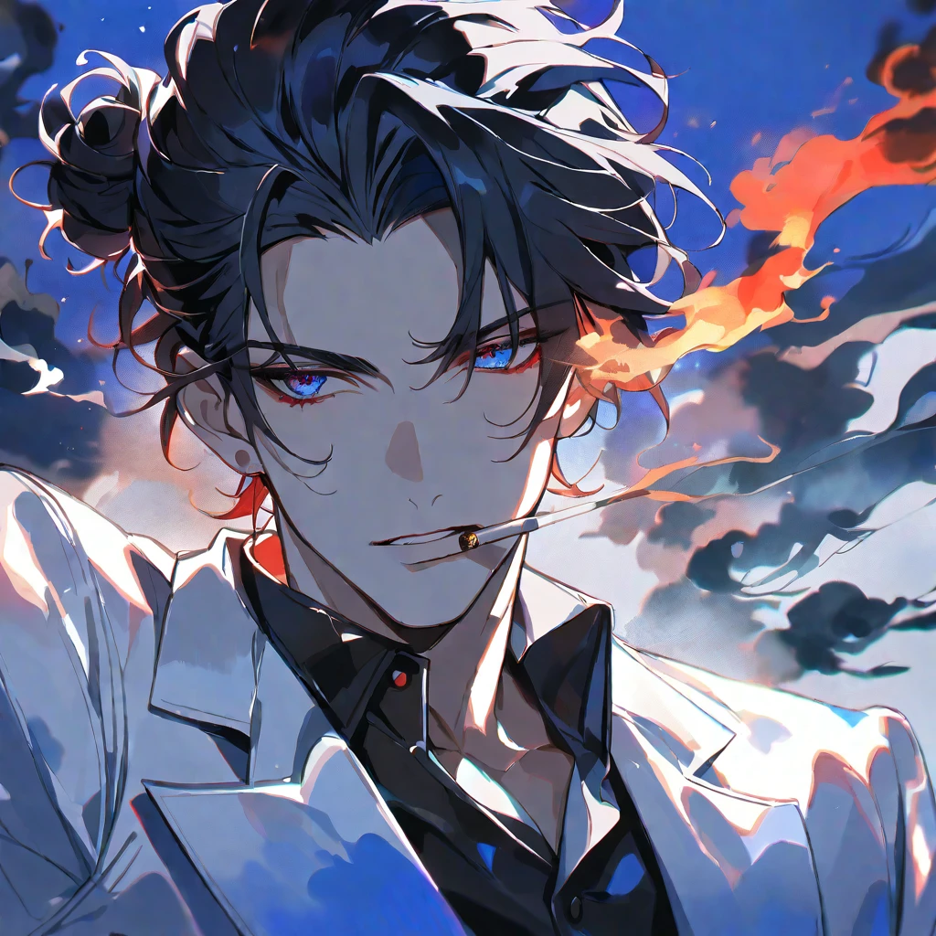 solo, handsome, Watercolor,1 male, Man Bun,short hair, black hair, red ＆ blue eyes,black light, White Suit, smoke, smoking, black fire