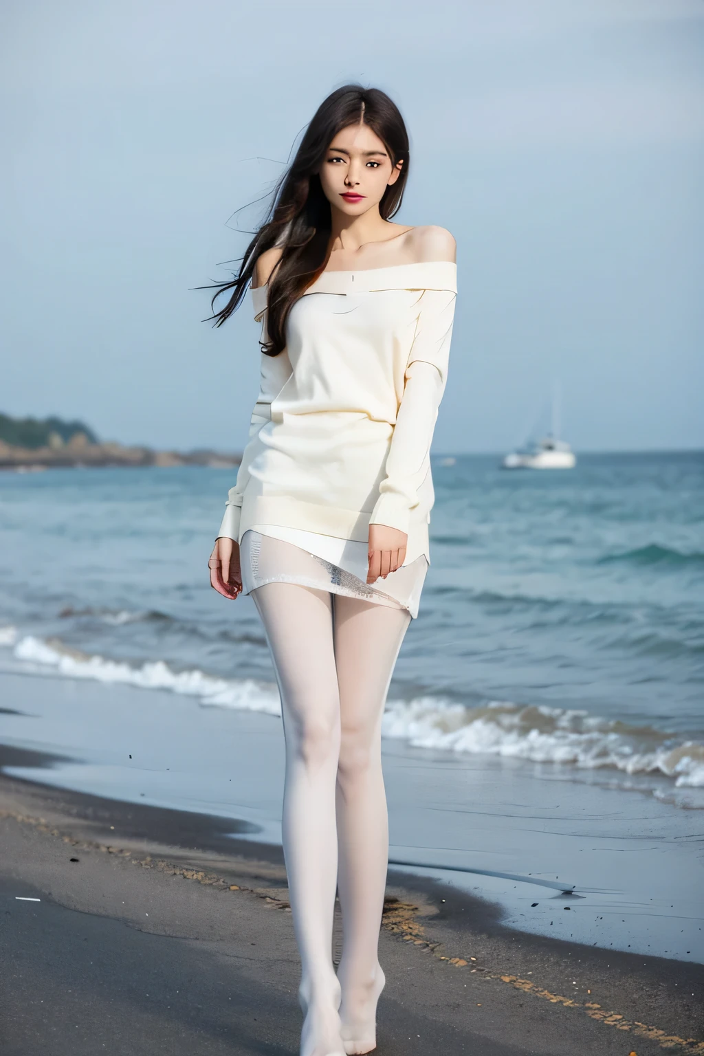 ((best quality)), ((masterpiece)), (detailed), 1 Girl, Off-shoulder sweater, Standing,(whole body),seaside,(White pantyhose:1.5)