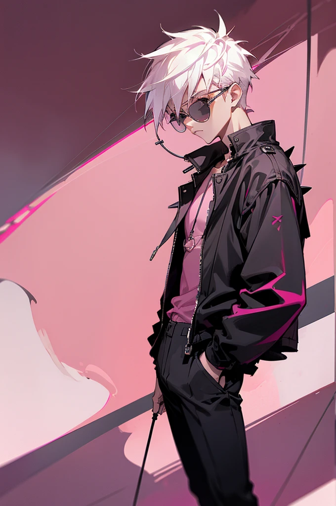 1male, white hair, short spiked hair, dark sin, round eyewear, tinted eyewear, pink tinted eyewear, baggy black jacket, pink design shirt, black pants, city background, detailed background, hands to side, standing on path