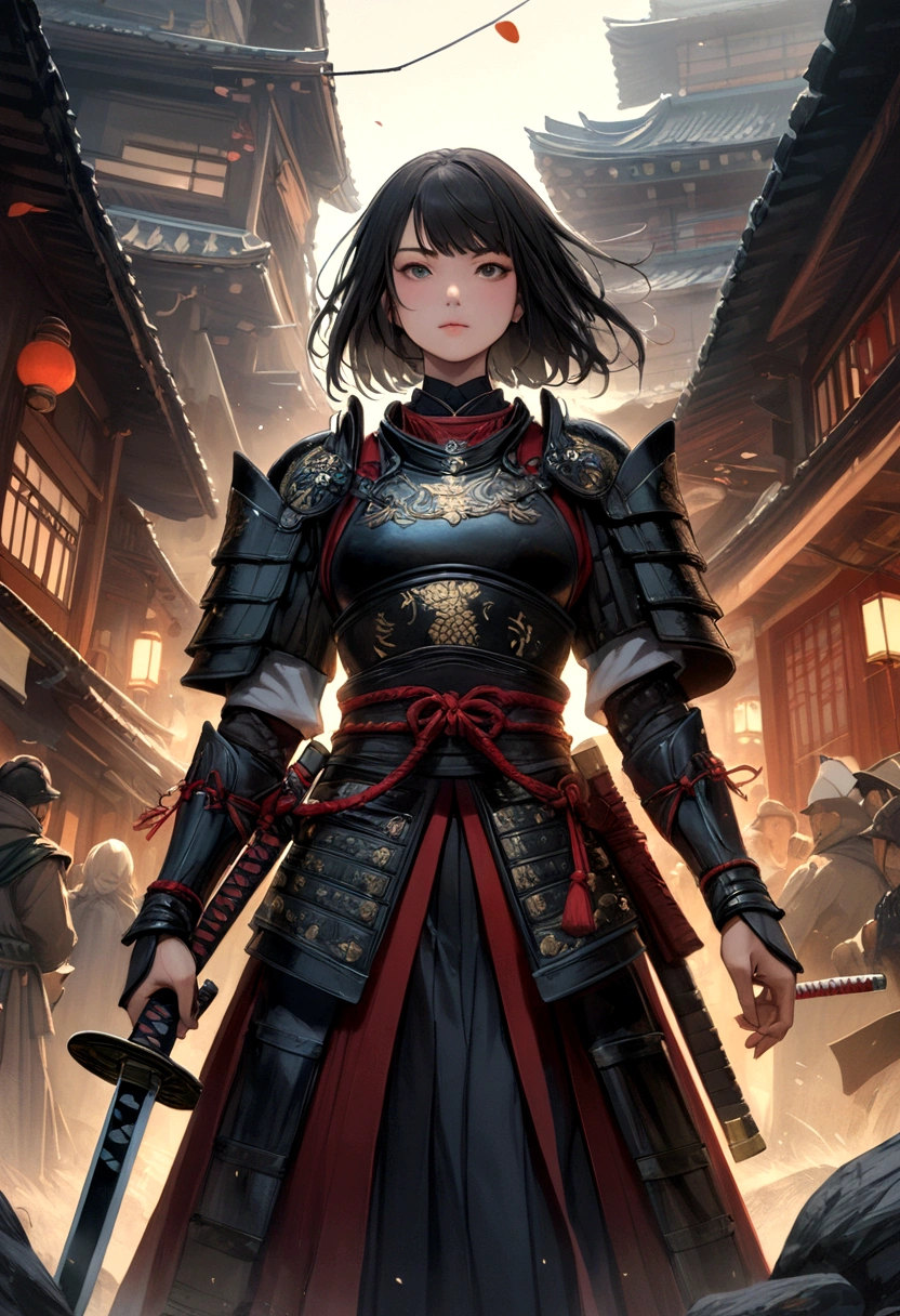 a picture of Japanese female samurai, she has long black hair, wearing samurai armor, armed with a katana, ready for battle, dynamic angle,, Japanese fantasy art, (Masterpiece: 1.5), 16k, highres, best quality, high details, ultra detailed, masterpiece, best quality, (extremely detailed), arafed, dnd art, JapaneseKatana, wtrcolor style