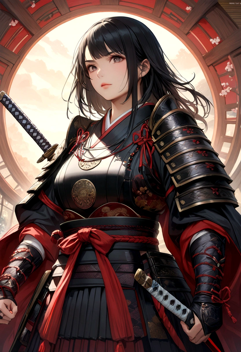 a picture of Japanese female samurai, she has long black hair, wearing samurai armor, armed with a katana, ready for battle, dynamic angle,, Japanese fantasy art, (Masterpiece: 1.5), 16k, highres, best quality, high details, ultra detailed, masterpiece, best quality, (extremely detailed), arafed, dnd art, JapaneseKatana, wtrcolor style