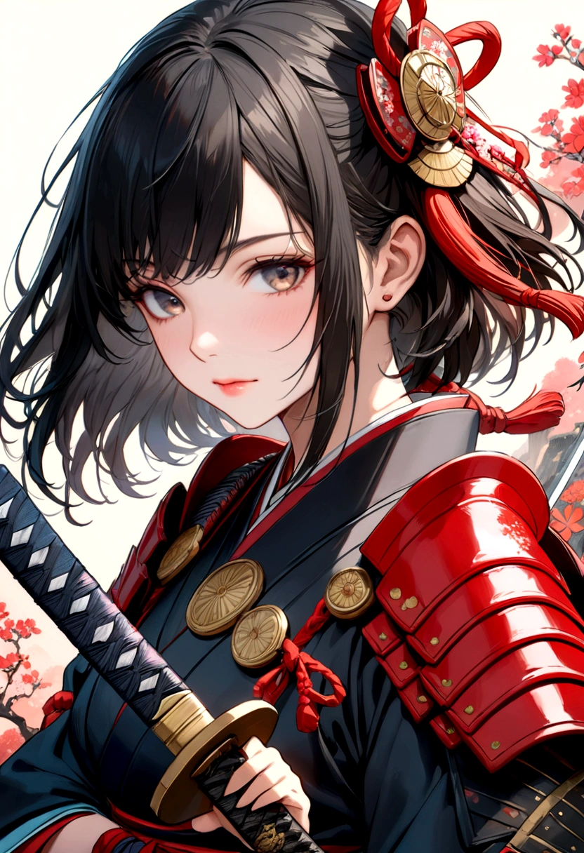 a picture of Japanese female samurai, she has long black hair, wearing samurai armor, armed with a katana, ready for battle, dynamic angle,, Japanese fantasy art, (Masterpiece: 1.5), 16k, highres, best quality, high details, ultra detailed, masterpiece, best quality, (extremely detailed), arafed, dnd art, JapaneseKatana, wtrcolor style