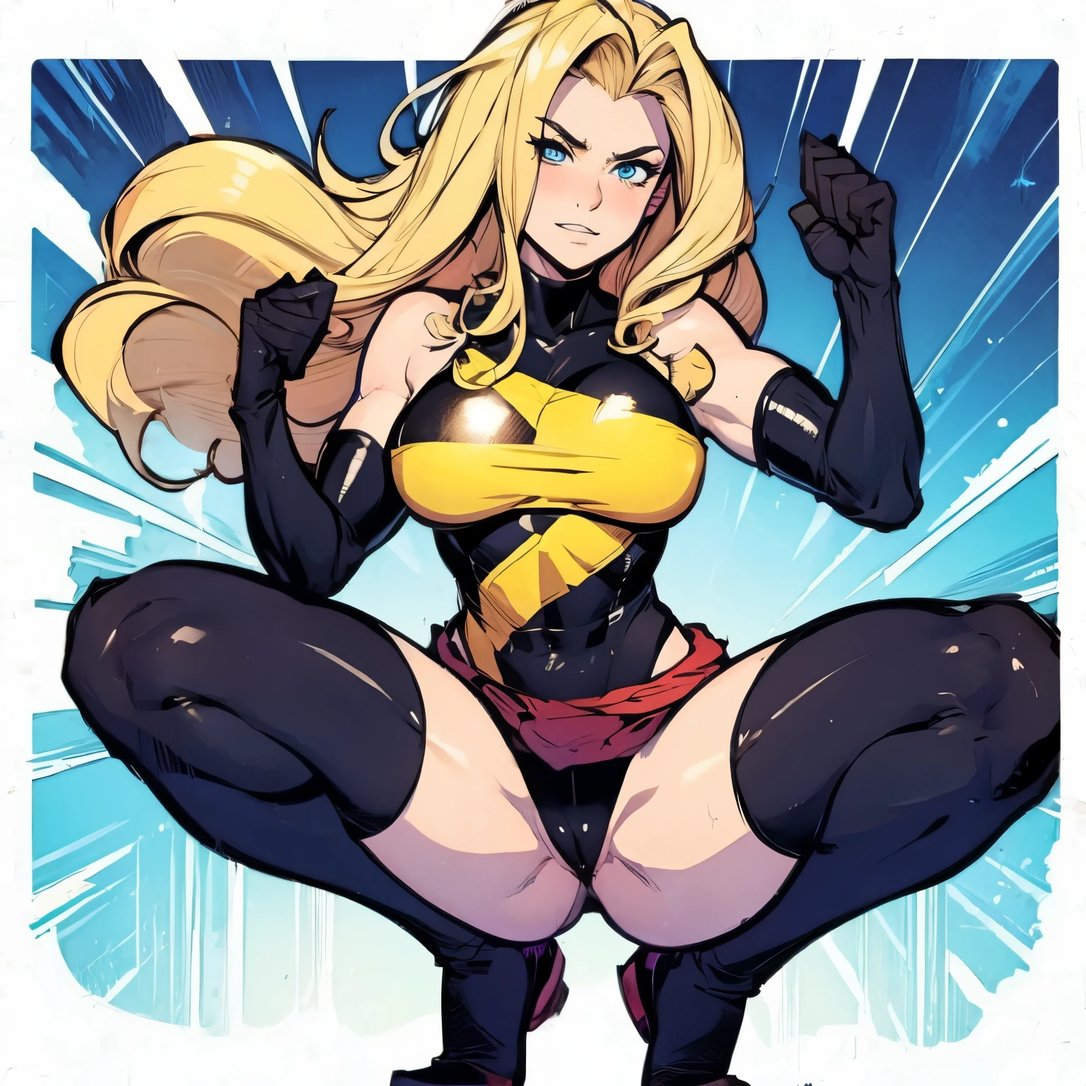 Carol Danvers open thighs urination,squatting,solo,screaming Brie Larson,blond hair,(detailed vagina),(nipples),(pubic hair),torn clothes,damage, injuries, blood, bruises,black thighhighs,black elbow gloves,navel,