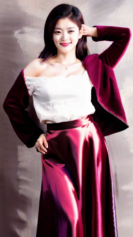 kim yoo jung, 1girl, solo, breasts, milf, colorful, full body, slender girl (detailed skin:1.3),office outfit, off-shoulders blazer and long silk brown maxi skirt, sharp focus, delicate, (8k, RAW photo, best quality, masterpiece:1.2), RAW photo, detailed eyes, physically based rendering, hardcore collarbone, office outfit, off-shoulders blazer and long silk brown maxi skirt,