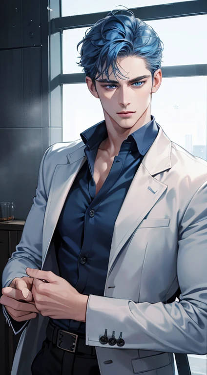 (best quality, masterpiece, 8K, photorealistic, cinematic lighting, 1:4 hdr image, ultra detailed, beautiful image), a mature man, 34 years very handsome, ((cold expression)), short blue hair, blue eyes, face perfect without mistakes, ((buttoning his jacket, CEO))