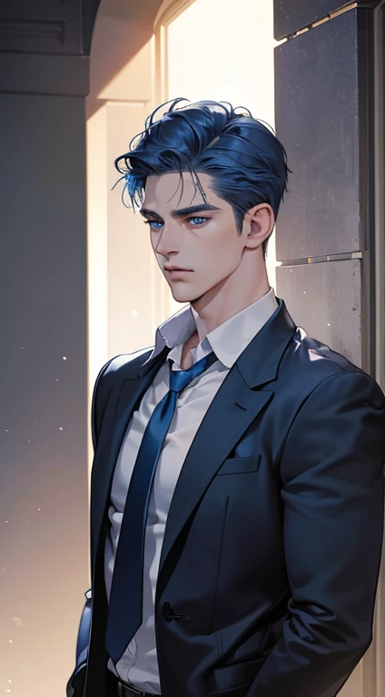 (best quality, masterpiece, 8K, photorealistic, cinematic lighting, 1:4 hdr image, ultra detailed, beautiful image), a mature man, 34 years very handsome, ((cold expression)), short blue hair, blue eyes, face perfect without mistakes, ((buttoning his jacket, CEO))