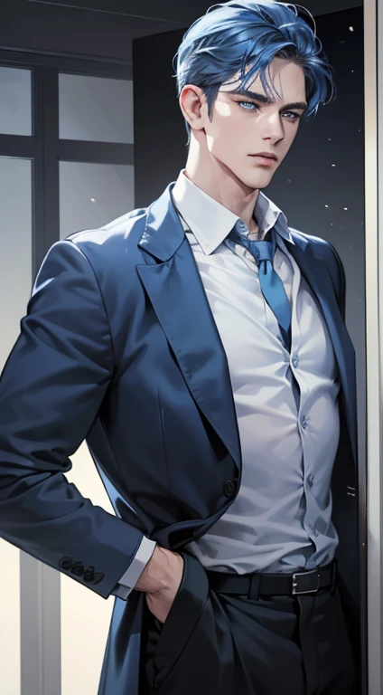 (best quality, masterpiece, 8K, photorealistic, cinematic lighting, 1:4 hdr image, ultra detailed, beautiful image), a mature man, 34 years very handsome, ((cold expression)), short blue hair, blue eyes, face perfect without mistakes, ((buttoning his jacket, CEO))