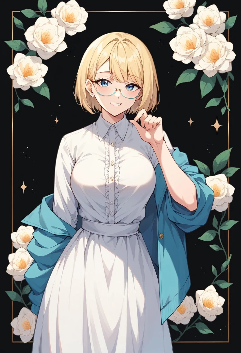 beautiful woman, beautiful face, solo, standing, medium bob cut blonde hair, light blue eyes, two points glasses, medium breasts, blue opened short jacket, white dress shirts, white pleats long skirt, soft smile, (pinch one's her glasses), temptation pose, black background, no background, pastel 2d art, matte painting, anime, masterpiece 