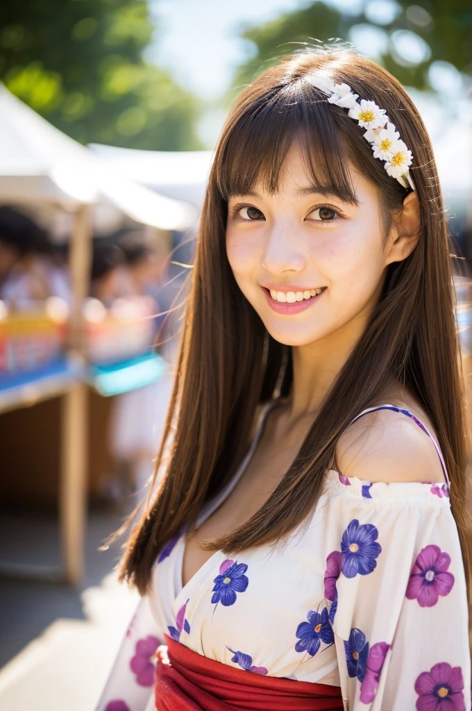 Japanese traditional kimono, flower pattern yukata, summer festival night stall, first year high school student, ((full body)), ((photo)), ((best qualtiy, 8K, tmasterpiece:1.3)), Focus:1.2, perfect figure beautiful girl:1.4, 1girl, cowboy shot, look at viewer, incredibly absurd, beautiful and cute girl with a photorealistic face, showcasing top-quality craftsmanship, A Japanese girl walking around looking at the food stalls at a summer festival on a night, , straight hair that reaches about 10cm below the shoulders, light brown hair color, shiny hair, bangs cut straight above the eyes, hair tucked behind the ears, soft round face, large almond-shaped eyes, light brown eye color, long eyelashes, thin and neat eyebrows, small nose with a straight bridge, cherry-colored lips, bright smile, white teeth, smooth skin, fair skin, light pigmentation, freckles, average height, supple body, well-balanced proportions, small A-cup breasts, beautiful girl, neat, moe, cheerful, curious, friendly, polite, responsible, likes festivals and events, August