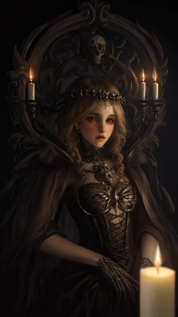 James Gurney, Surrealist art , dream-like, Mysterious, Provocative, symbolic, Complex, detailed,, (Gothic and eerie, skulls, with candle (masterpiece, highest quality:1.4) , Nicola Samori Style, I