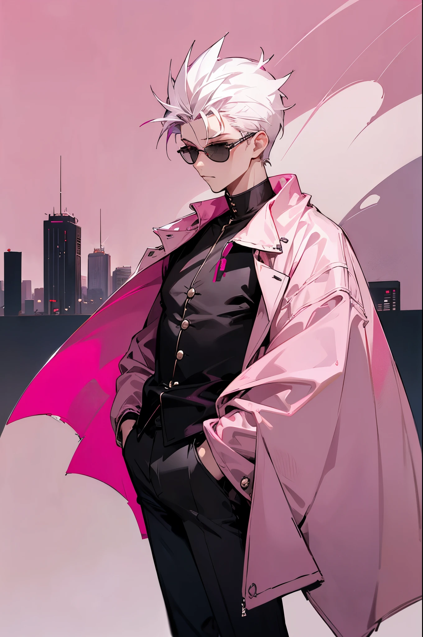 1male, white hair, short spiked hair, dark sin, round eyewear, tinted eyewear, pink tinted eyewear, baggy black jacket, pink design shirt, black pants, city background, detailed background, hands to side, standing on path