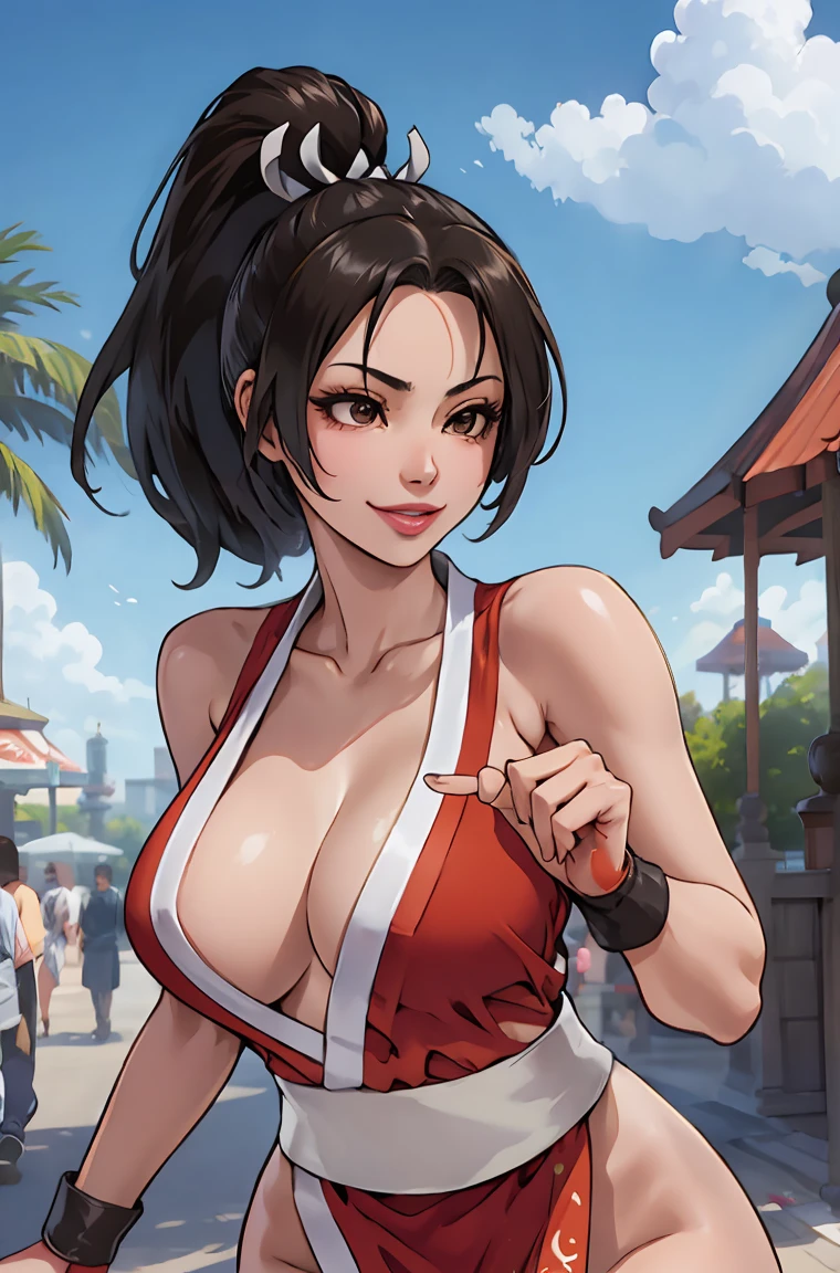 (Mai Shiranui), she is showing her side, She's on her side for the viewer,__body parts__, official art, 8k unit wallpaper, ultra detailed, beautiful, masterpiece, Super fine photo, high quality, super tall resolution, photorealistic, sunlight, smile, elegant dress, jewelry, in Birthday Party, amusement park, beautiful, highly detailed skin, realistic skin details, visible pores, sharp focus, digital SLR camera,
