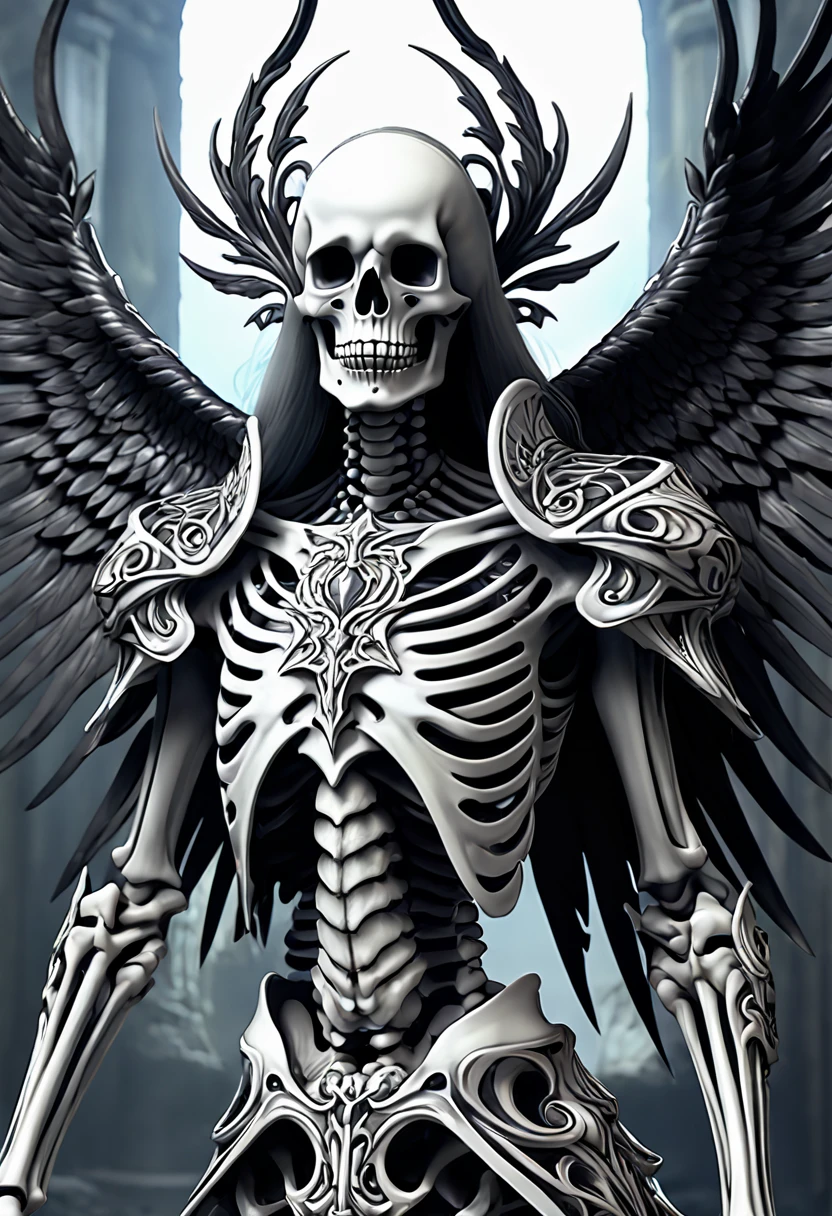 Danligur, the Skeleton King, Eva, emerging, fallen alien Angel, horror, Tattoo design, intricate ornat anime cgi style