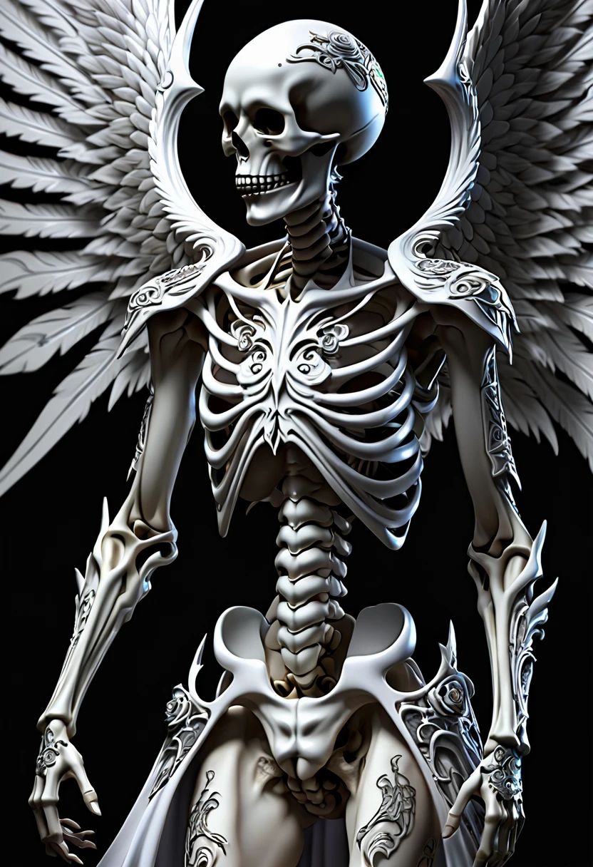 Danligur, the Skeleton King, Eva, emerging, fallen alien Angel, horror, Tattoo design, intricate ornat anime cgi style