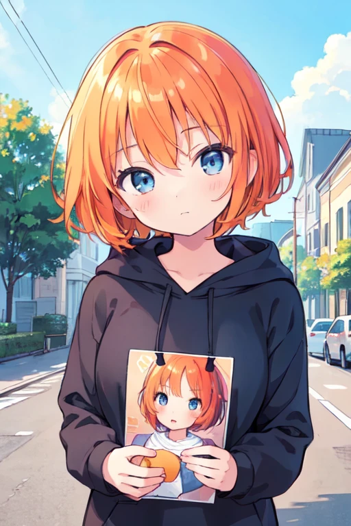 (best quality, masterpiece:1.2), illustrations, a cute girl, cute face, kawaii, early s, very lovingly face, 16-year-old, early teenhort hair, straight hair, orange hair, shiny hair, blue eyes, medium breasts, black hoodie, upper body,