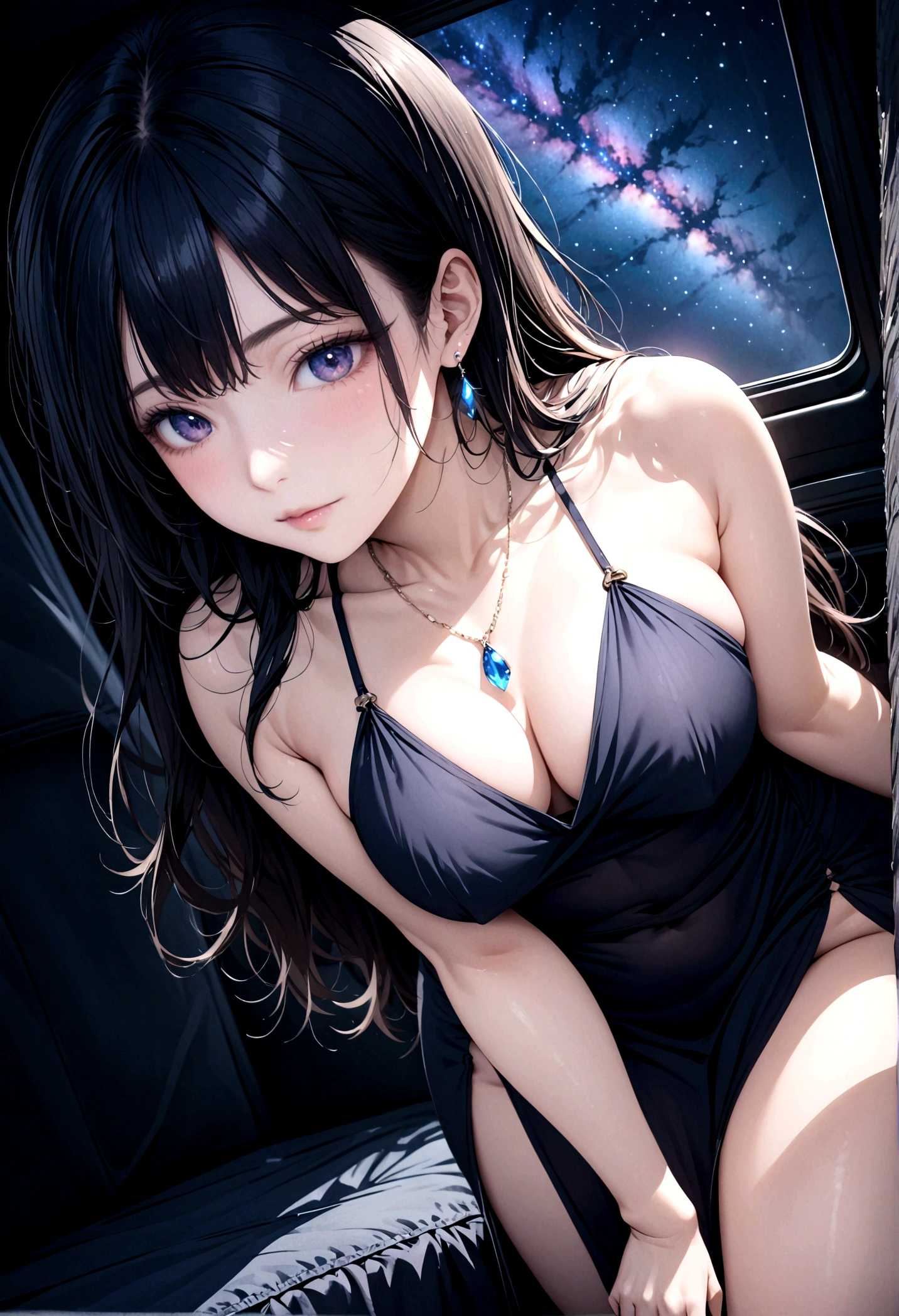 8k, masterpiece, RAW Photos, Highest quality, Realistic, Very detailed, Depth of written boundary, Cinematic Light, Anatomically correct body,
One elegant beautiful mature woman, Wavy black long hair, Very beautiful face, Exquisitely detailed face, Goddess-like deity々Beautiful,
Glamorous Body, Very sensitive skin, Transparent white skin, (Beautiful legs:1.1),
See-through high slit dress, Detailed cloth texture, Gorgeous necklace, Gorgeous earrings,
Dark starry background, Milky Way Galaxy, Meteors, Dark coastline at night, Pitch black sea surface,
Low angle shot,