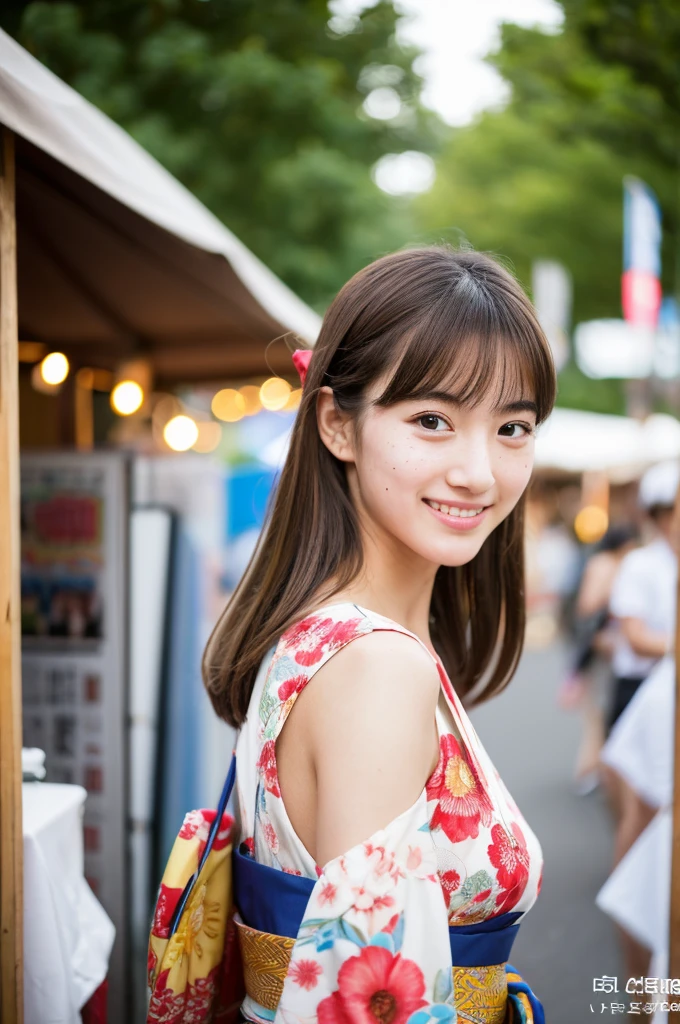 Japanese traditional kimono, flower pattern yukata, summer festival night stall, first year high school student, ((full body)), ((photo)), ((best qualtiy, 8K, tmasterpiece:1.3)), Focus:1.2, perfect figure beautiful girl:1.4, 1girl, cowboy shot, look at viewer, incredibly absurd, beautiful and cute girl with a photorealistic face, showcasing top-quality craftsmanship, A Japanese girl walking around looking at the food stalls at a summer festival on a night, 15 years old, straight hair that reaches about 10cm below the shoulders, light brown hair color, shiny hair, bangs cut straight above the eyes, hair tucked behind the ears, soft round face, large almond-shaped eyes, light brown eye color, long eyelashes, thin and neat eyebrows, small nose with a straight bridge, cherry-colored lips, bright smile, white teeth, smooth skin, fair skin, light pigmentation, freckles, average height, supple body, well-balanced proportions, small A-cup breasts, beautiful girl, neat, moe, cheerful, curious, friendly, polite, responsible, likes festivals and events, August