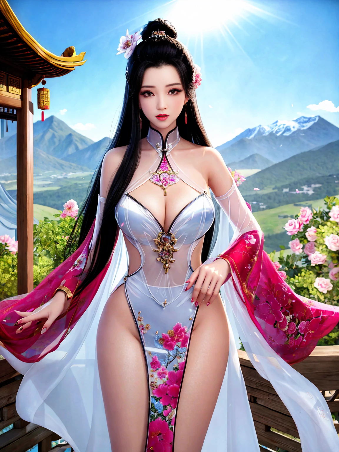 Top quality, masterpiece, high resolution, Chinese,,,,mountain peak,,The Peak,,,,,,Rooftop,,,,,,,naked,,stand erect,,1girl, charming appearance and personality, big body, extremely sexy, ,,,,Floral print ,, ,Floral print,, Light yellow floral fragments,,(transparent ), large hollow see-through, beautiful and delicate face, (desire figure) perfect slim figure (nipple slip: 0.5), perfect white skin,stand erect,,Smooth black long hair,,,,Black Hair