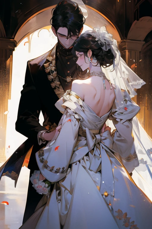 Wedding scene,The bride in a white wedding dress is walking towards me with a bouquet of flowers,Groom with his back to the camera,Black Hair,Cold expression