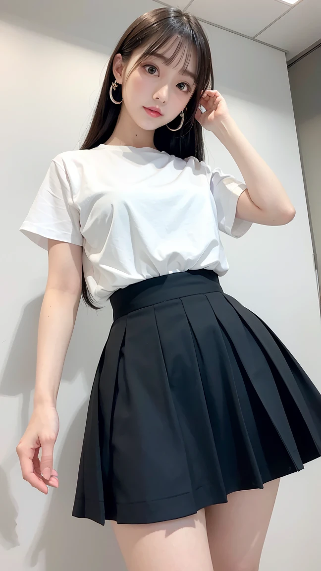 mini skirt, (skirt lift:1.3), (from bottom:1.3), master piece , best quality , japanese , cute face , 25 years old , (symmetrical clear eyes:1.3) , shining eyes , looking at viewer, curvy