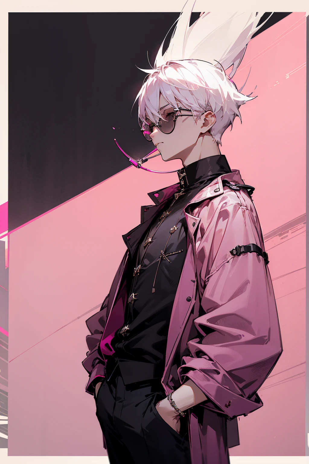 1male, white hair, short spiked hair, dark sin, round eyewear, tinted eyewear, pink tinted eyewear, baggy black jacket, pink design shirt, black pants, city background, detailed background, hands to side, standing on path