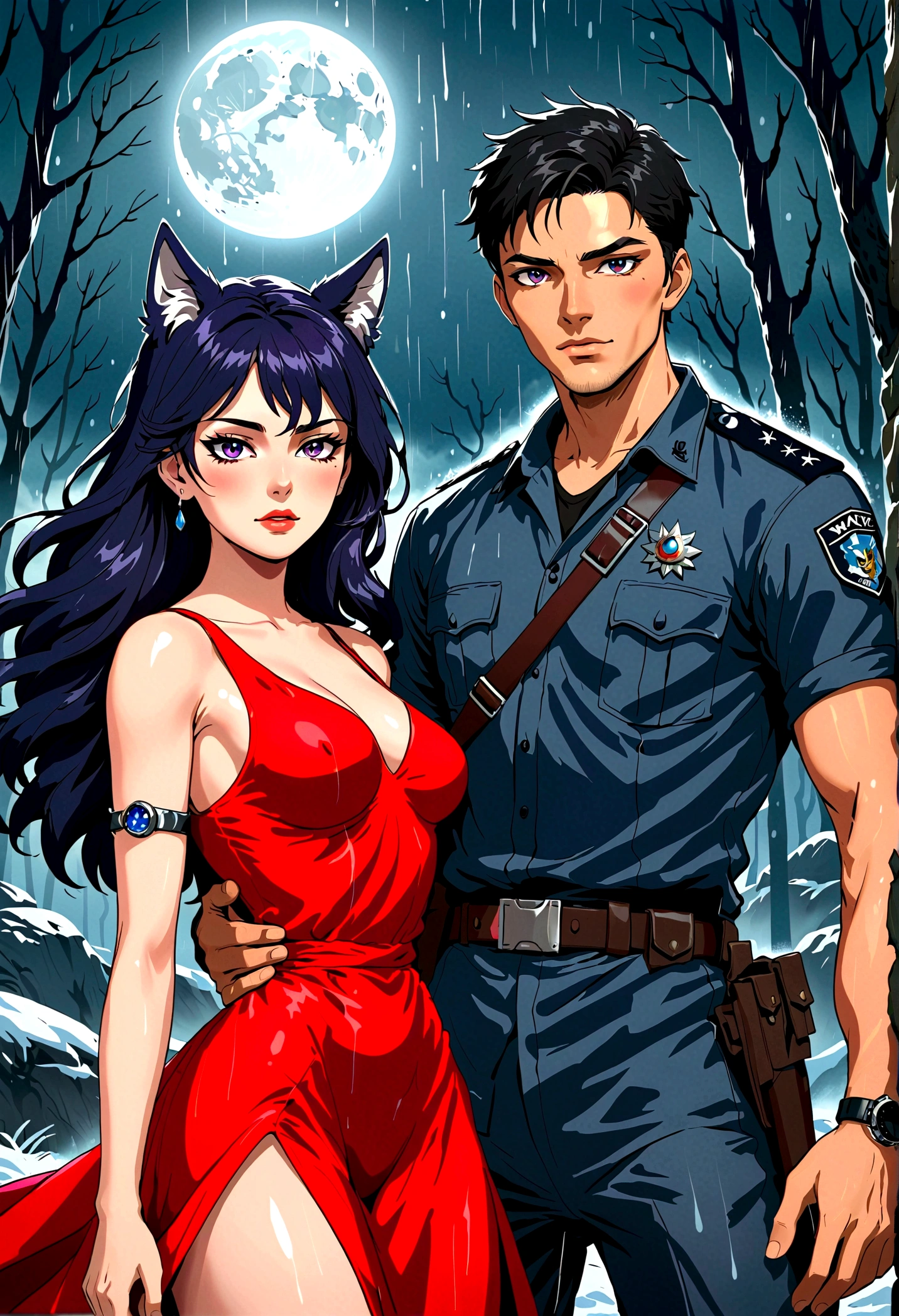 Red dress - beautiful girl with long hair and a small crown and handsome anime boy， Purple Eyes，Black short hair,Wolf ears，officer，Briefs，Special Forces，Chest muscles，action，watch，Survival in the wilderness，heavy rain，Fierce gray wolf，Motion capture，Tense atmosphere，moonlight